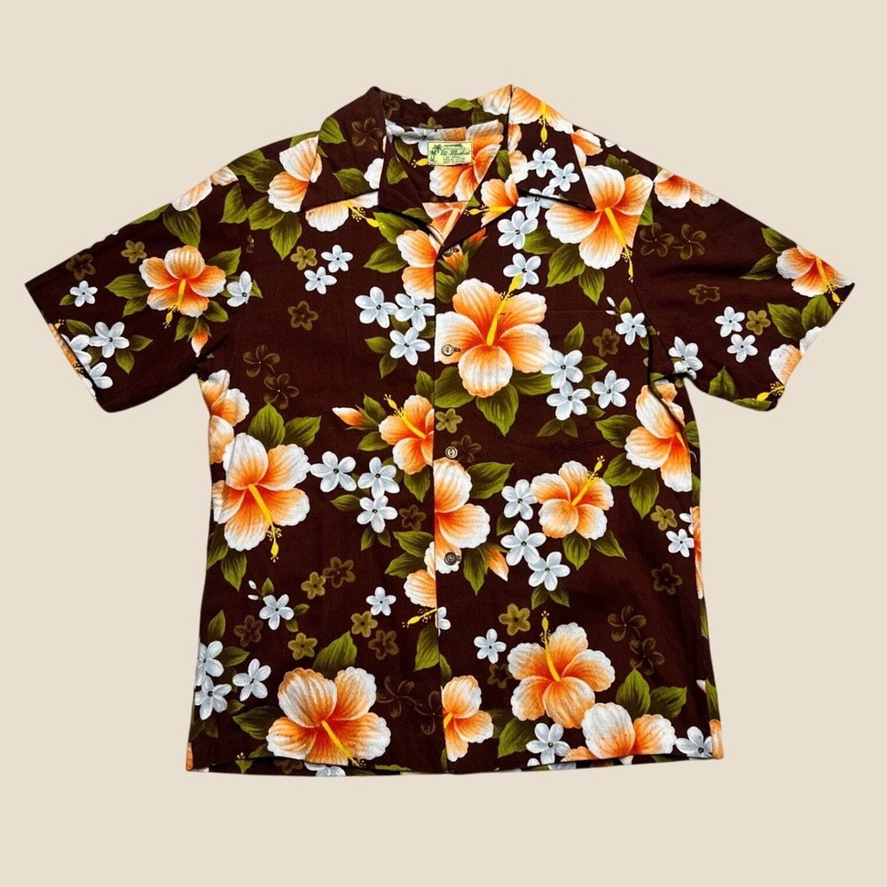 Vintage Ui-Maikai Hawaiian Shirt Brown Barkcloth Hibiscus Floral Late 60s Aloha